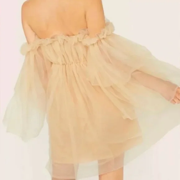 SHEIN Women's XS Beige Off-Shoulder Tulle Party Dress Flared Sleeves - Picture 2 of 8